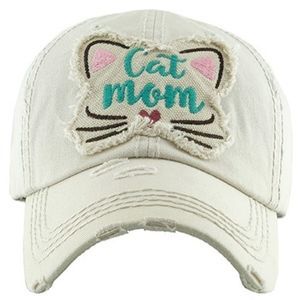 Cat Mom Baseball Cap Cat Hat Cream White Distressed Embroidered ALMOST SOLD OUT